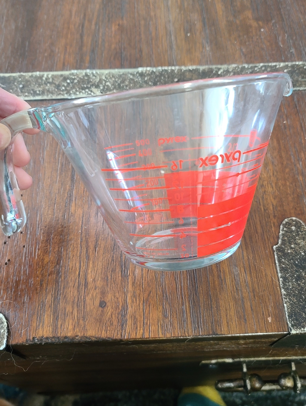 Pyrex Clear Glass Liquid Measuring Cup With Red Markings, 2 Cup, Reverse Read